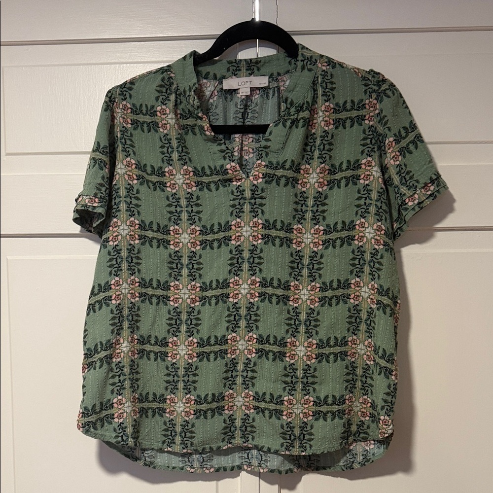 LOFT Petite Floral Plaid Green Medium Blouse